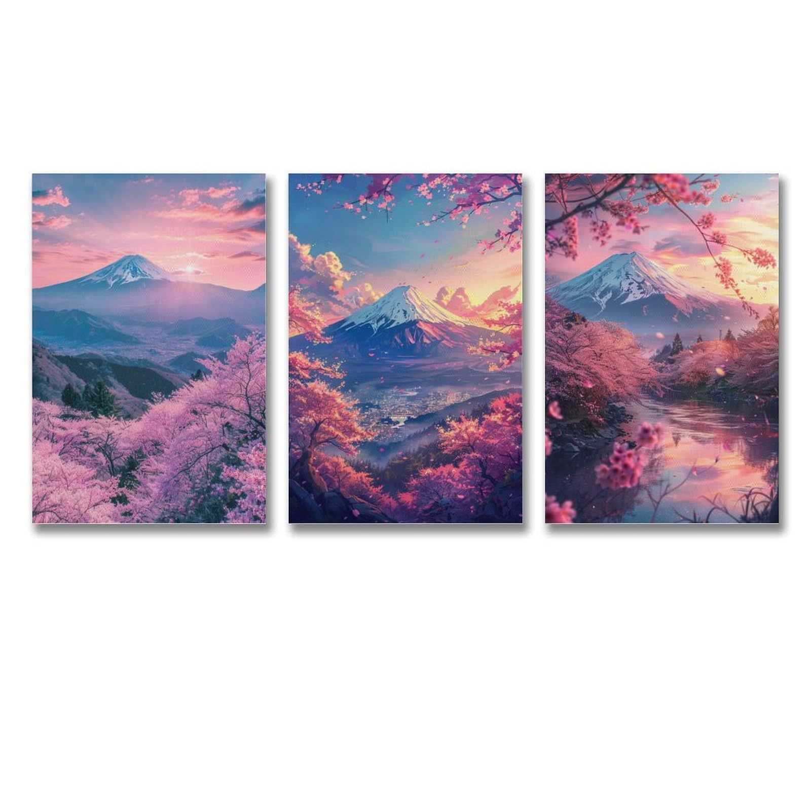 Amazon.co.jp: 3枚 満開の桜と夕暮れ時の美しい富士山の眺め 絵画